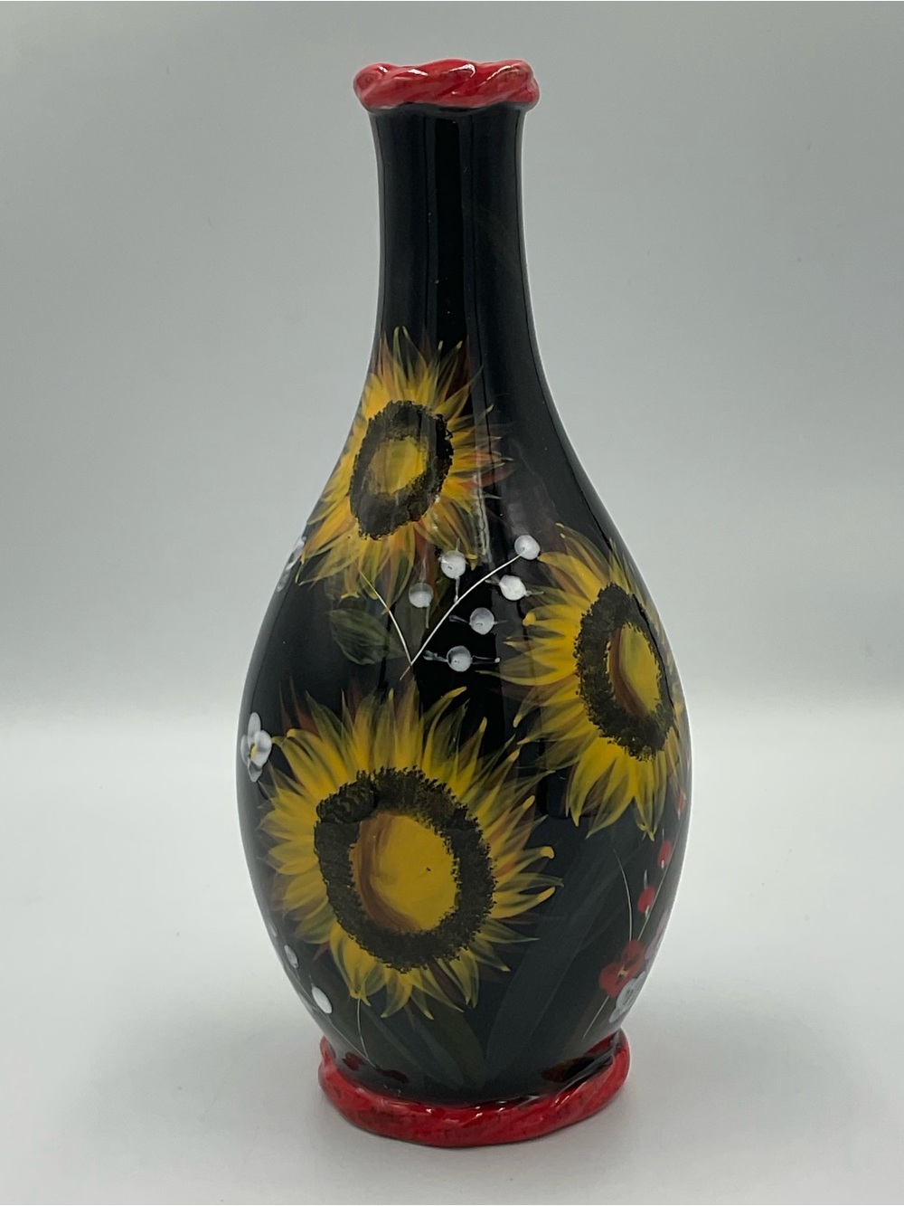 Vintage Bella Casa by Ganz Ceramic Black & Read Sunflower Vase